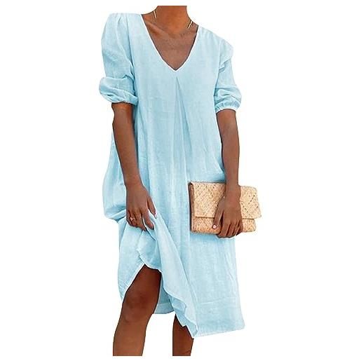 OMZIN estate 3/4 manica delle donne midi abito scollo a v mezza manica sundress cotone lino puro abito di colore blu chiaro xxl