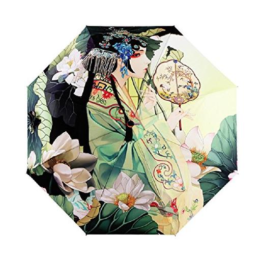 YJZQ ombrello portatile pieghevole automatico, telescopico, leggero, compatto, da viaggio, antivento, antipioggia e protezione uv al 99% , con rivestimento nero anti-uv, upf 50+, ragazza archaistica