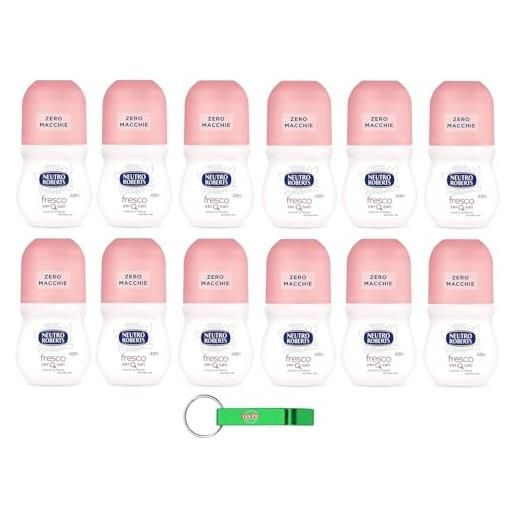 Beni Culinari 12 x neutro roberts, deodorante roll on fresco, senza sali di alluminio, senza macchie, profumo di monoi e fresia, deodorante unisex, 50 ml + portachiavi Beni Culinari