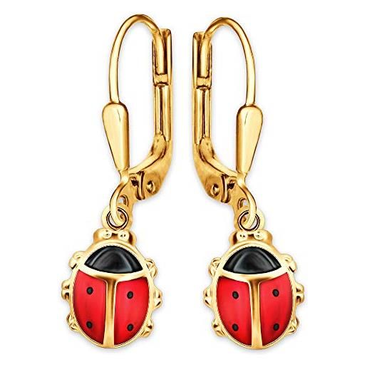 CLEVER SCHMUCK orecchini da bambina a forma di coccinella dorata, 24 mm, con coleottero 9 mm, laccato rosso e nero, argento 925 placcato oro, metallo pregiato