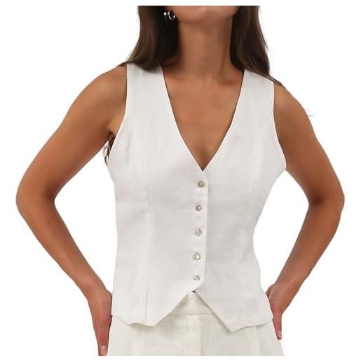 Amazhiyu gilet da donna in lino, senza maniche, con scollo a v, corto, con bottoni, vestibilità aderente, cinghie regolabili, bianco, l