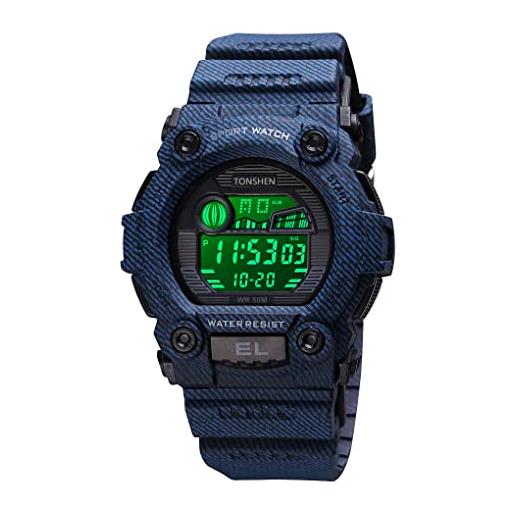 TONSHEN Piccolo Digitale 50M Impermeabile Multifunzione Led Elettronico Allarme Sportivo Orologi Da Polso Plastica Cassa E Gomma Cinturino Orologio