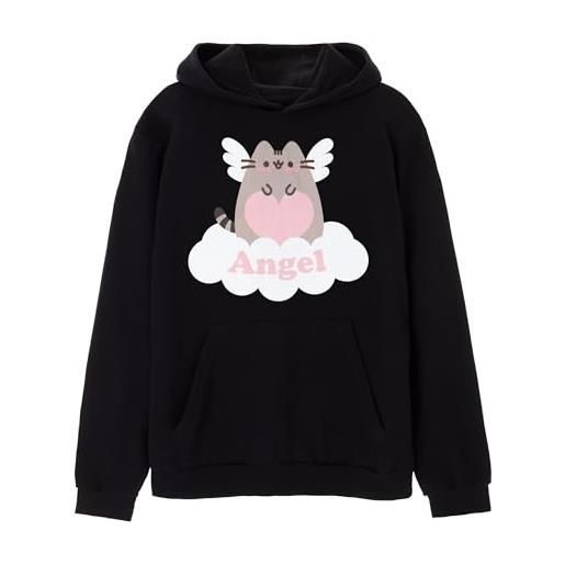 Pusheen con cappuccio da donna | felpa con cappuccio grafica da donna angel playful cat in nero | adorabile maglietta con cappuccio con gatto internet | simpatico regalo di abbigliamento per adulti