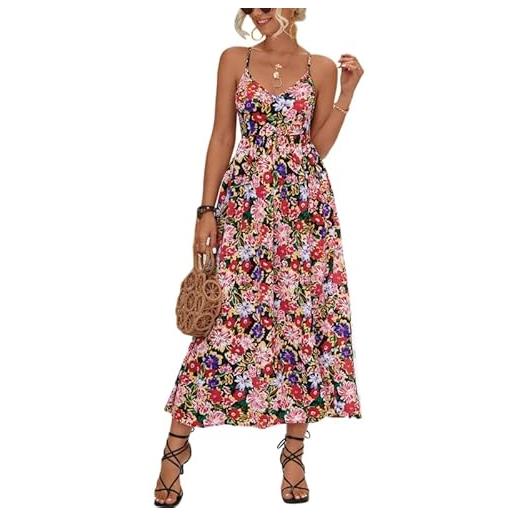 Jiqoe abito lungo da donna con spalline sottili incrociate con lacci, schiena scoperta, abito a canotta con stampa floreale, vita alta e spacco sulla coscia, nero , s-l