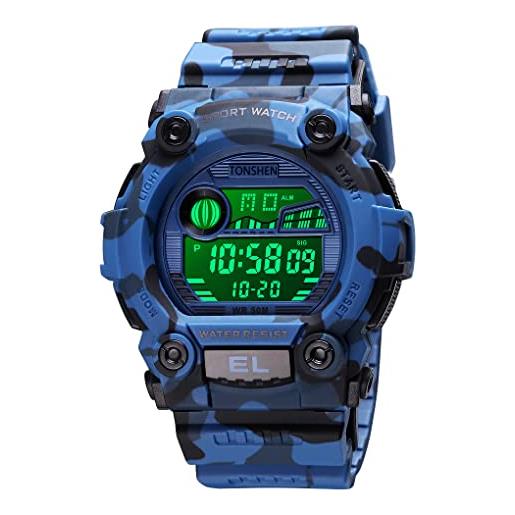 TONSHEN Bambini Orologio 50M Impermeabile Multicolore LED Luce Digitale Orologi da Polso Outdoor Sportivo Multifunzione Plastica Cassa e Gomma Cinturino (Blu
