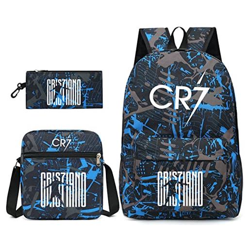 Genefy 3 pz/set. Ronaldo cr7 borsa di scuola blu zaino studenti borsa libro causl daypack per ragazze ragazzi con borse messaggero astuccio