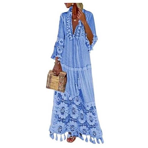 shownicer donna elegante pizzo vestito lungo da sera festa spiaggia vacanza casuale scollo a v maniche lunghe maxi abito taglie forti nappa vestiti blu 3xl
