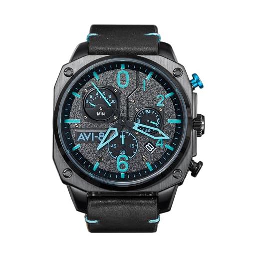 AVI-8 mens 45mm hawker hunter retrograde chronograph blue diamond japanese quartz pilot watch with leather strap av-4052-05