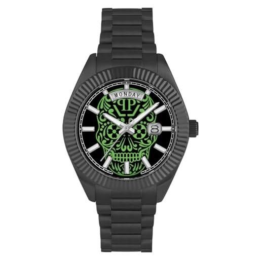 Philipp Plein orologio analogico al quarzo, da uomo, in acciaio inox, nero, bracciale