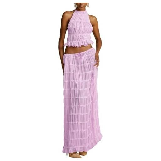 ThiCc completo da donna in chiffon, 2 pezzi, estivo, casual, con lacci, senza maniche, schiena scoperta, top corto e gonna a pieghe a vita alta, maxi gonna plissettata, set coordinato per eventi serali, 