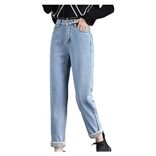 SkotO pantaloni termici da donna con elastico caldo - pantaloni in pile interno foderato in pile, in denim, jeans a tubo, in peluche a matita, spessi, caldi, sportivi, pantaloni da jogging y2k, azzurro, l