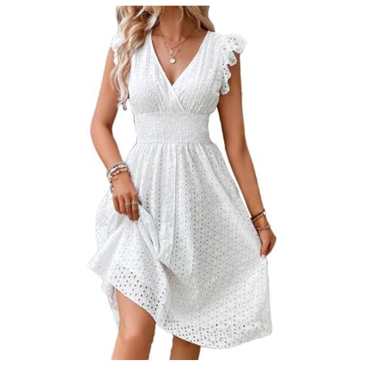 shownicer abito donna estivo vestito in pizzo senza maniche abiti corto in tinta unita casual scollo a v linea a con volant abito da spiaggia a bianco xl