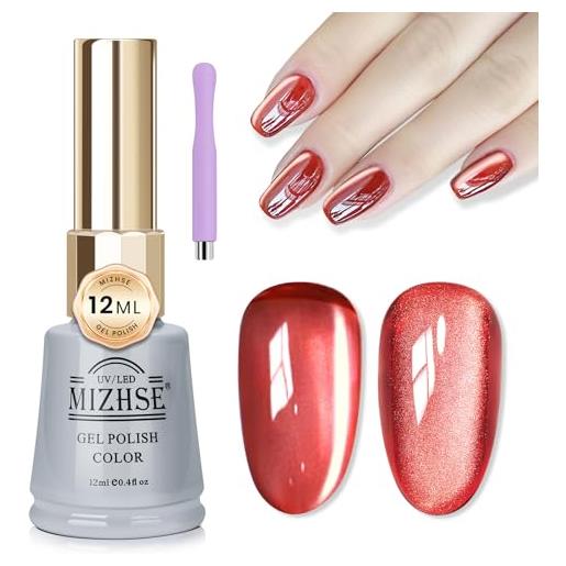 MIZHSE cat eye smalto uv con penna magnetica, 12 ml, luce di luna rosso glitter olografico per manicure nail art
