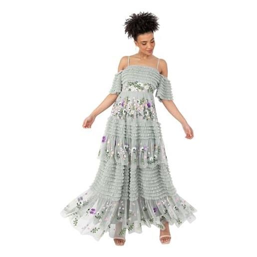 Maya Deluxe maxi abito da donna con spalle scoperte bardot spalline sottili floreale ricamato balze tulle ospite matrimonio vestito, giglio verde, 44