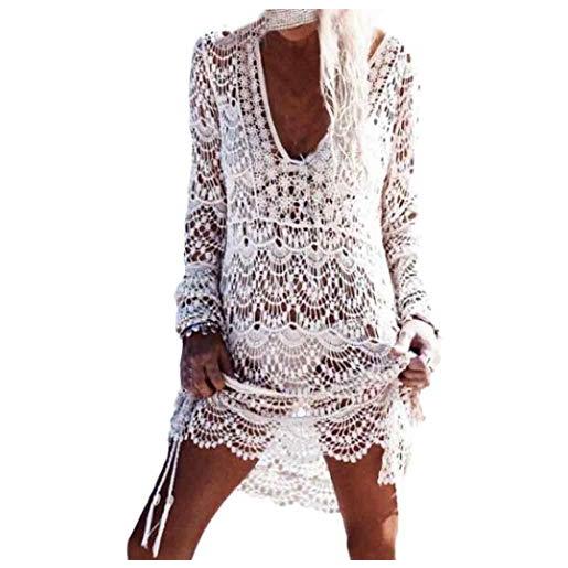 JFAN copricostume mare donna pizzo camicia sexy kaftan tunica copricostume da bagno donna bikini cover up，one size bianco