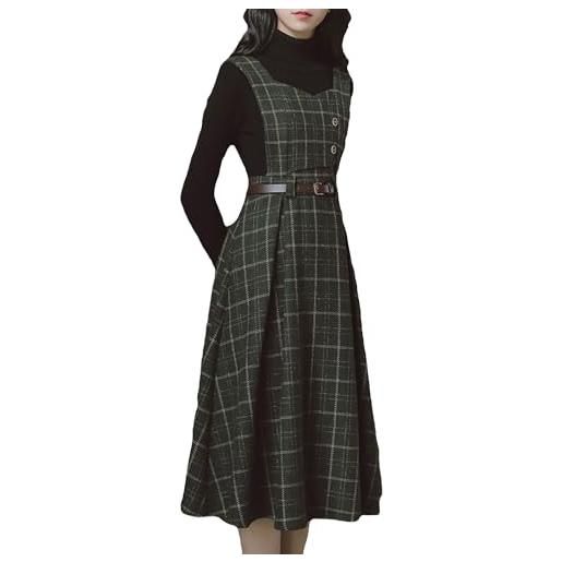 Cuteighteen abito senza maniche con cintura scozzese per donna autunno inverno lana elegante midi generale grembiule grembiule abito, marrone, l