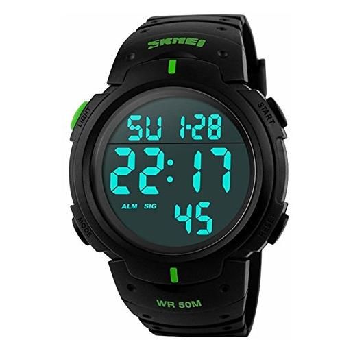 SKMEI orologio sportivo digitale da uomo con schermo a led grande viso militare, impermeabile, casual, con cronometro luminoso e sveglia semplice, verde, cinturino