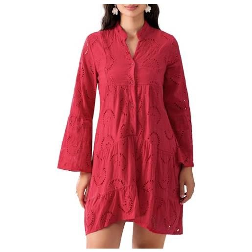 Geagodelia, abito da donna in pizzo ricamato a maniche lunghe svasate, abito da spiaggia ampio, di lunghezza media, con bottoni sul davanti, rosa acceso, xl