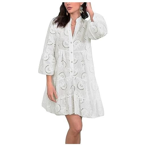 Geagodelia, abito da donna in pizzo ricamato a maniche lunghe svasate, abito da spiaggia ampio, di lunghezza media, con bottoni sul davanti, bianco, m