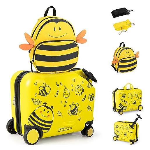 RELAX4LIFE set valigia cavalcabile/trolley per bambini 18'' con zaino 12'', 4 ruote girevoli, maniglia retrattile 56cm, 2 cingie multiuso, zaino: 26x30cm/trolley: 47x26,5x36,5cm (giallo)