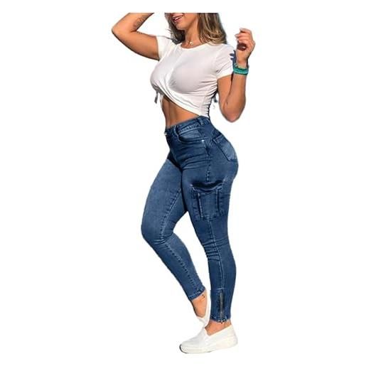Dekyda jeans skinny da donna con cerniera, tasche, in cotone/viscosa, vita media, vestibilità aderente, stile urbano, lavato, denim, blu scuro, l