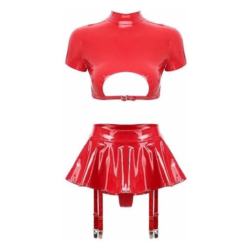 CHICTRY wetlook abito sexy donna hot per sesso con lacci mini vestito pelle minigonna con spacco laterale latex tubino nero corto aderente discoteca clubwear ballo rosa u m