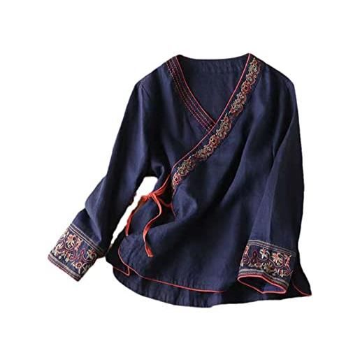 JXQXHCFS cinese tradizionale hanfu donne cotone lino camicia camicetta vintage ladys solido orientale hanfu stage hanfu camicia, marina militare, s
