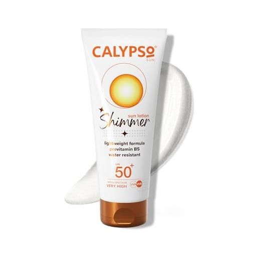 Calypso lozione solare scintillante spf50 + | protezione uva + uvb molto elevata, resistente all'acqua, protezione solare scintillante per viso e corpo, 100 ml