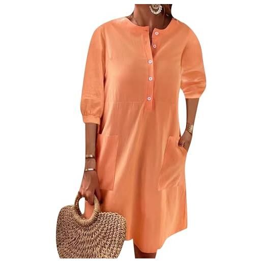 OMZIN donna cotone lino girocollo 3/4 manica abiti casual allentati mezzo bottone plus size con tasche arancione chiaro l