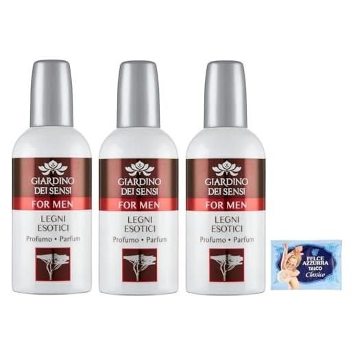 Felce Azzurra 3x giardino dei sensi profumo for men legni esotici, profumo da uomo intenso e originale 100ml + 1 confezione di talco Felce Azzurra in omaggio, busta da 100g