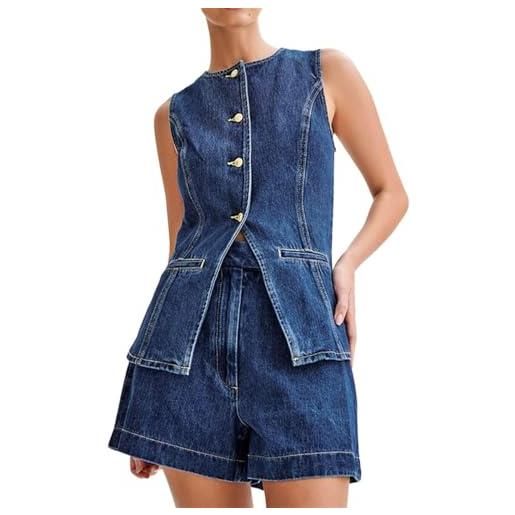 Generic denim da donna 2 pezzi abiti senza maniche button down gilet top a vita alta pantaloncini in denim estate trendy jeans set, blu scuro, l