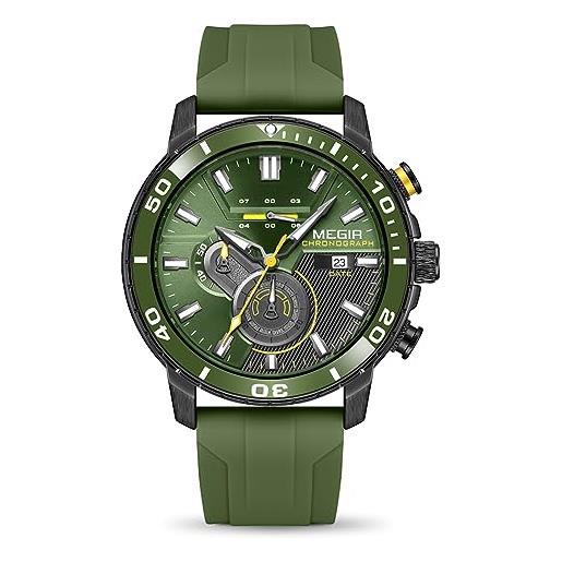 Megir Orologio Uomo Militare - Orologio Oro Rosa Quarzo Cronografo - Cinturino in Silicone Nero