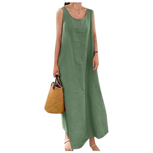 OMZIN donne abito senza maniche con tasca crewneck lino casual lungo plus size abito canotta verde s