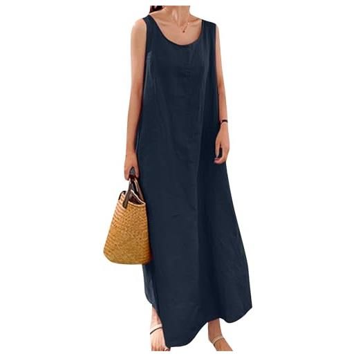 OMZIN abito di lino per donne estate senza maniche solido casual baggy flowy maxi abiti con tasche blu navy s