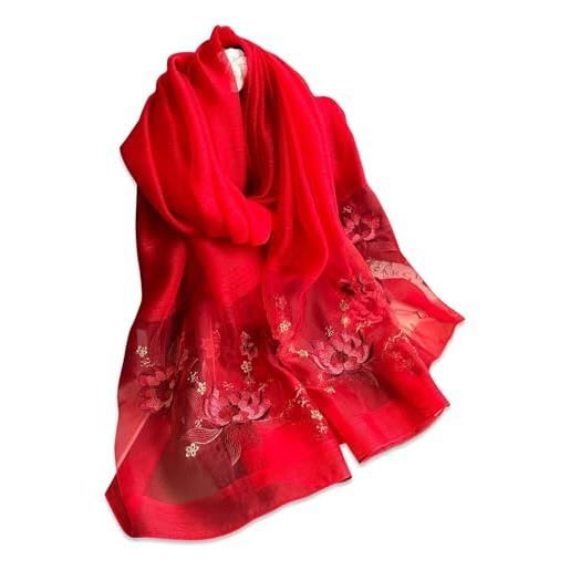 LumiSyne sciarpa di seta di gelso foulard chiffon donna delicato ricamo a fiore di loto tulle trasparente leggero morbido sciarpa lunga scialle di protezione solare stole primavera autunno