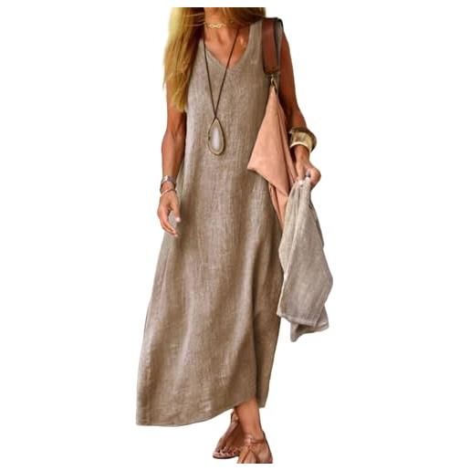 Juketron 2024 abiti estivi donna scollo a v senza maniche canotta abito lungo tinta unita abiti da spiaggia in lino di cotone abito estivo allentato casual (it, testo, 4xl, regular, regular, khaki)