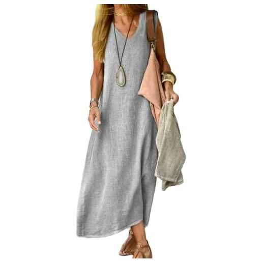 Juketron 2024 abiti estivi donna scollo a v senza maniche canotta abito lungo tinta unita abiti da spiaggia in lino di cotone abito estivo allentato casual