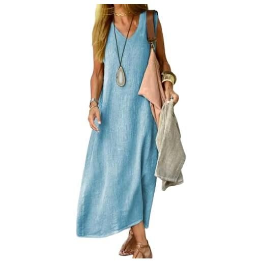 Juketron 2024 abiti estivi donna scollo a v senza maniche canotta abito lungo tinta unita abiti da spiaggia in lino di cotone abito estivo allentato casual (it, testo, 5xl, regular, regular, khaki)