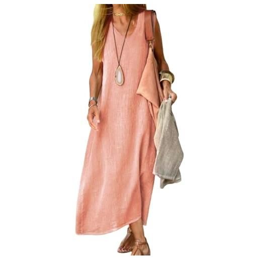 Juketron 2024 abiti estivi donna scollo a v senza maniche canotta abito lungo tinta unita abiti da spiaggia in lino di cotone abito estivo allentato casual (it, testo, 4xl, regular, regular, khaki)