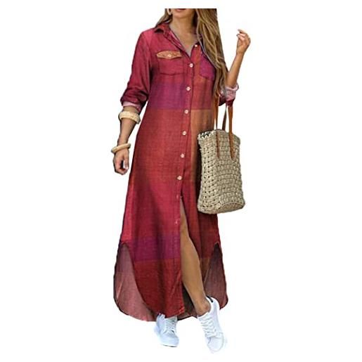 OMZIN abito lungo da donna con maniche arrotolate e bottoni eleganti con maniche arrotolate camicetta lunga in cotone abito lungo borgogna s