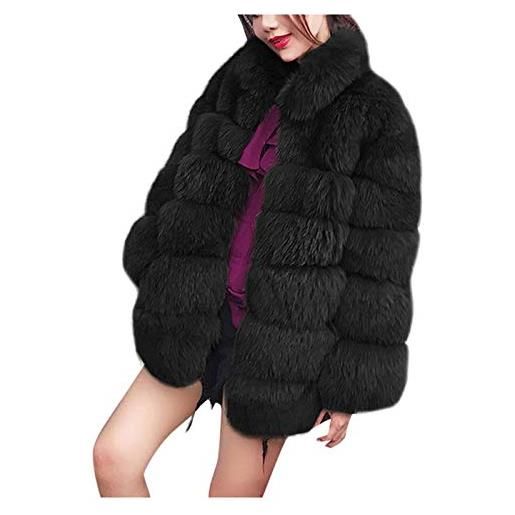 LJHH giacca donna trench elegante invernale pelliccia sintetica donna caldo taglie forti nero tinta unita manica lungo imbottito cappotto scollo
