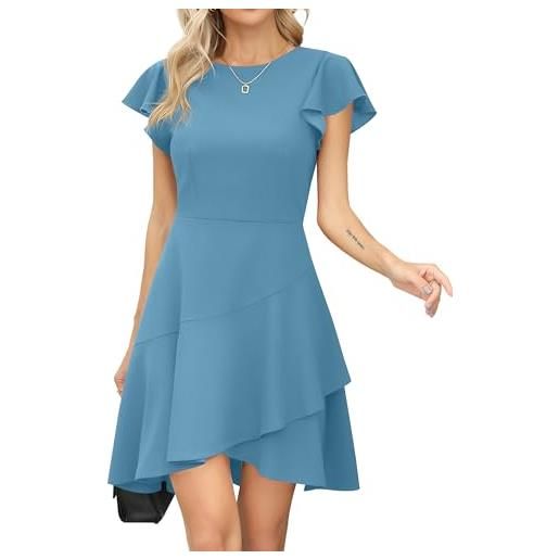 Missufe abito da donna, maniche svasate, scollo rotondo, per feste, con volant, a linee, abito da sera, azzurro, m