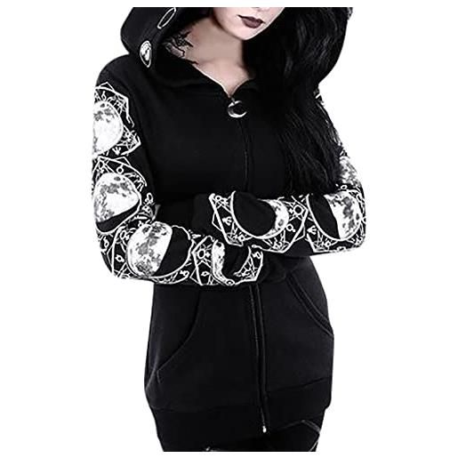 PAIDAXING gotico punk zipper hoodie cardigan giacca per le donne lungo con cappuccio con cappuccio occult devil stampa felpa cappotto capispalla top nero, 04-nero, xxl