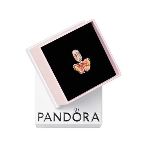 PANDORA pendente moments a forma di farfalla placcato in oro rosa 14 carati con vetro di murano bicolore arancione e rosa e zirconi cubici trasparenti