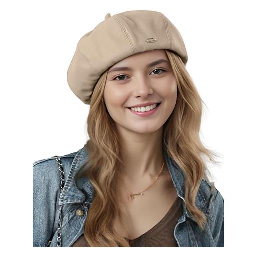 FEOYA berretto in pelle da donna cappello pelle ecopelle cappellino alla francese basco newsboy berretti ottagonale artista pittore cappelli baker boy moda casual vintage autunno printemps estate kaki