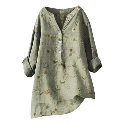 Generic comodi top da donna in garza di lino per le donne primavera manica a campana manica lunga abbigliamento oversize vestibilità ampia 2024 abiti autunno donna abbottonatura grafica scollo a v garza