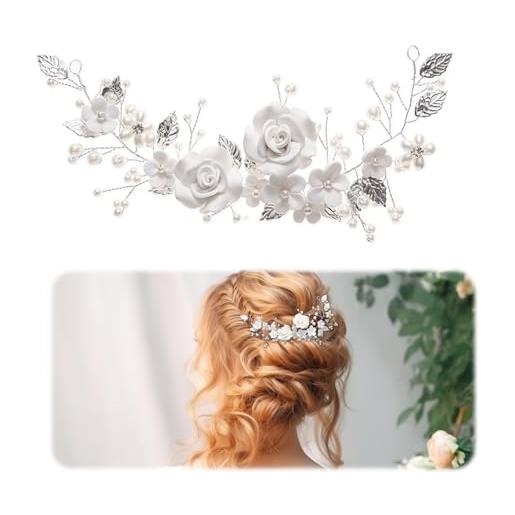 Wekuw accessorio per capelli da sposa perla decorazioni fiore vite accessori capelli sposa argento fascia per capelli da sposa ornamenti per capelli di strass nuziali, per donne e ragazze