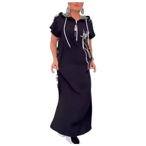 SHINROAD abito casual da donna ampio da indossare tutti i giorni maxi estivo da donna con cerniera con cappuccio coulisse maniche corte fit split orlo stampato, nero , l