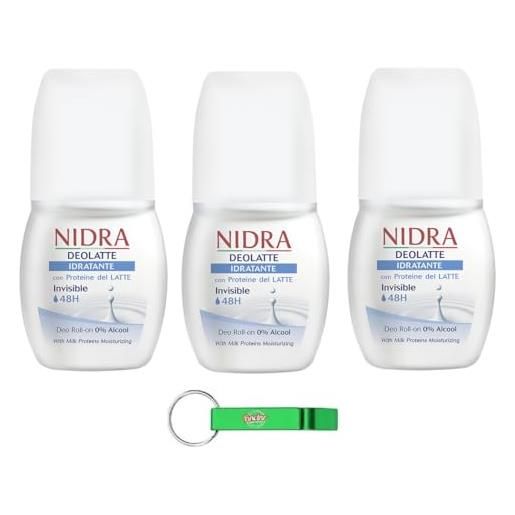 Beni Culinari 3 deodoranti nidra deodoranti idratante roll-on con proteine del latte 0% alcool 50 ml + portachiavi gratuito Beni Culinari