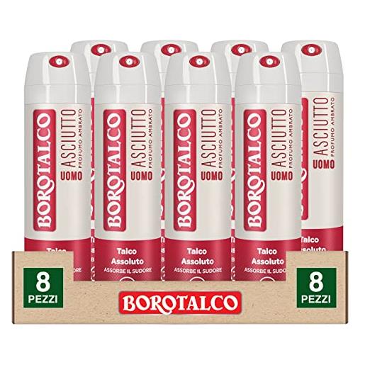 Borotalco deodorante spray asciutto per uomo deo 72h con talco assoluto assorbe il sudore senza alcol profumo ambrato - 8 flaconi da 150ml